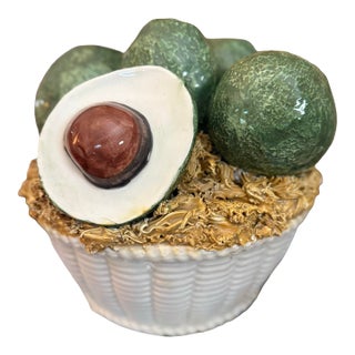 Vintage Italian Ceramic Avocado Basket – Handcrafted Majolica Centerpiece For Sale