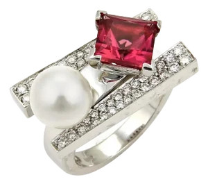 Koeisa 3.33ct Diamond Pink Tourmaline & Pearl 18k Gold Ring, Size 7