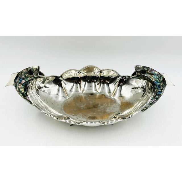 1960s 1960s Mexican Silver Plate Center Bowl With Abalone Fish Handles, Signed a.c.t. Taxco For Sale - Image 5 of 18