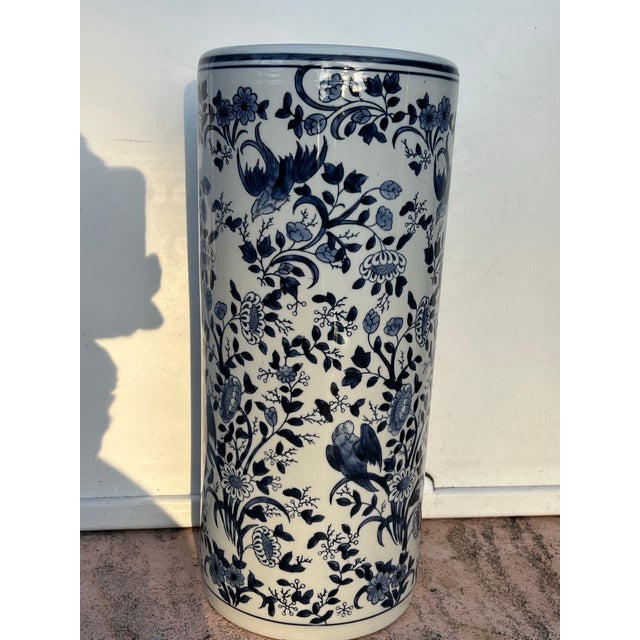 Vintage, Late 20th Century blue & white porcelain umbrella or cane stand. This could even be used as a floor vase. It is...