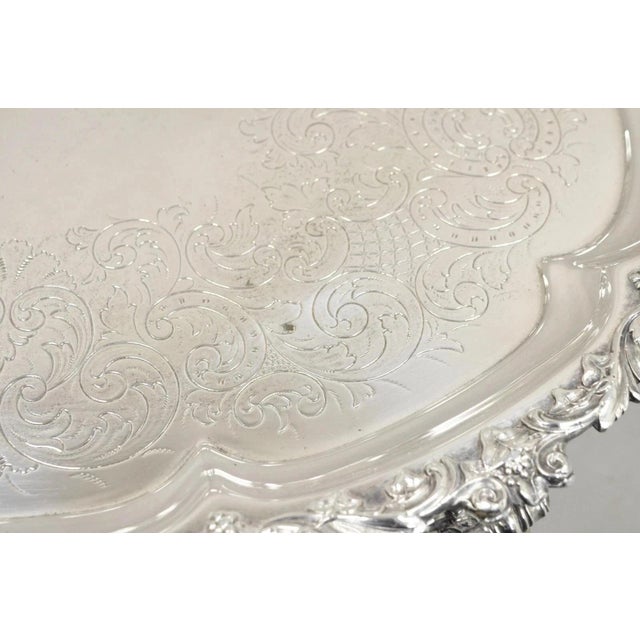 Silver Antique Victorian English Sheffield Ornate Oval Footed Serving Platter Bar Tray For Sale - Image 8 of 11
