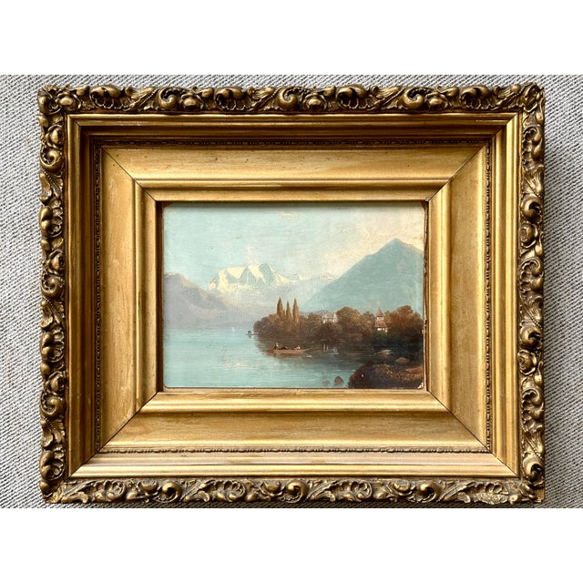 Traditional Antique Continental Mountainous Riverscape With Island and Boat, Oil on Board For Sale - Image 3 of 10