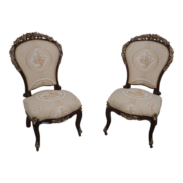 Pair Antique French Victorian Upholstered Parlor Chairs For Sale