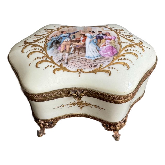 French Porcelain Casket Trinket Box Hand Painted Courting Couple Dancing Scene For Sale