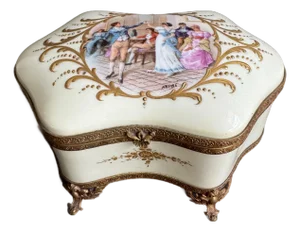 French Porcelain Casket Trinket Box Hand Painted Courting Couple Dancing Scene