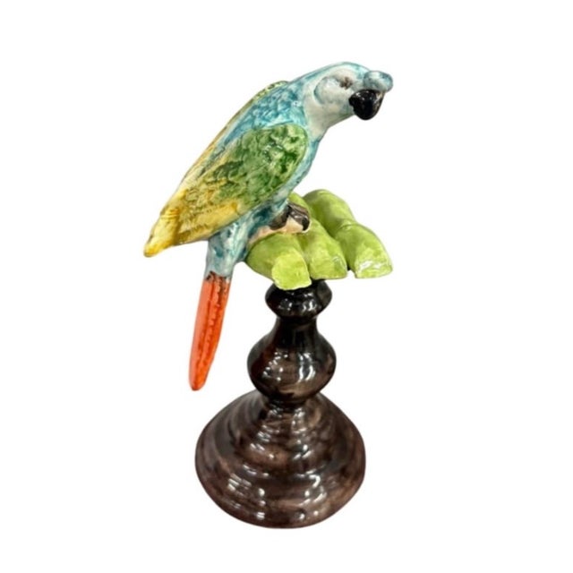 Pair of Italian Majolica Ceramic Parrot Sculptures on Pedestals For Sale In West Palm - Image 6 of 12