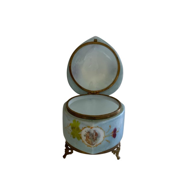 Antique French Enameled Opaline Gilt Ormalu Hand Painted Courting Scene Trinket Box C1900 For Sale - Image 4 of 10