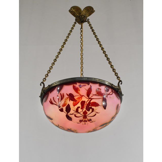 Metal French Art Deco Pendant Light by Galle - 1925 Cameo Gallé Chandelier France For Sale - Image 7 of 17
