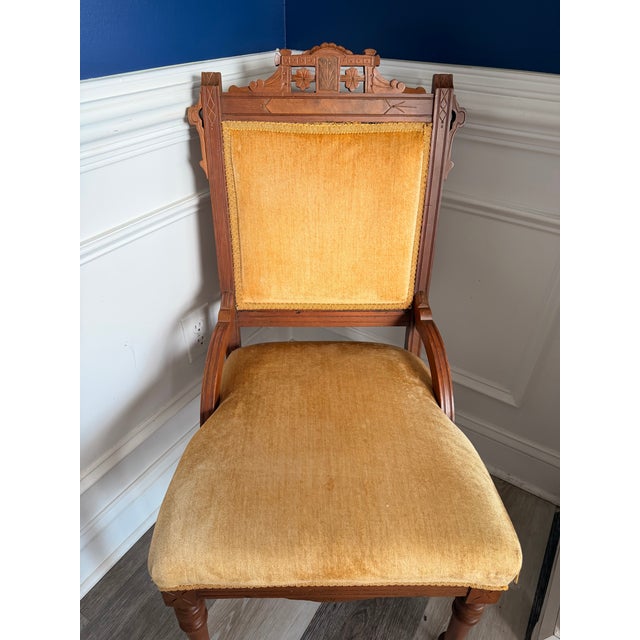Wood Antique Eastlake Walnut Parlor Chair, Circa 1880s Victorian With Brass Casters For Sale - Image 7 of 12