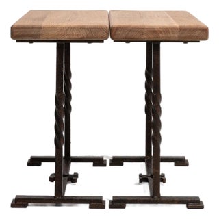 1970s Pair Of Oak Side Tables With Iron Base For Sale