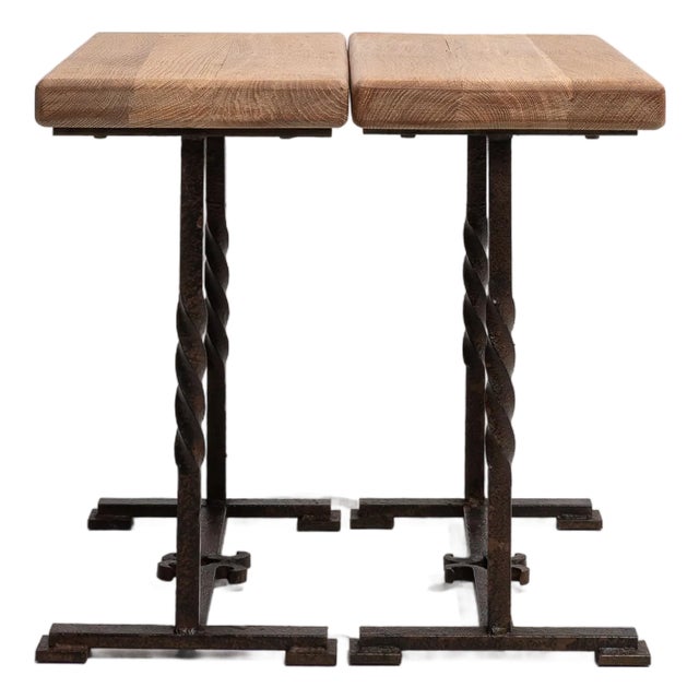 1970s Pair Of Oak Side Tables With Iron Base For Sale