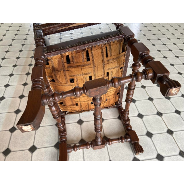 Antique High Back Carved Wood Leather Chair For Sale - Image 12 of 12