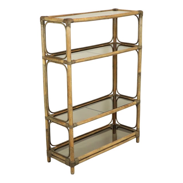 Vintage Boho Shelf Bookcase Bamboo and Smoked Glass, 1960s For Sale