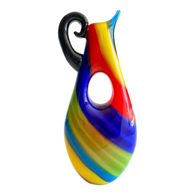 Vintage 1980's Postmodern Italian Murano Art Glass Fused Multicolor Stripe Sculptural Pitcher Vase For Sale