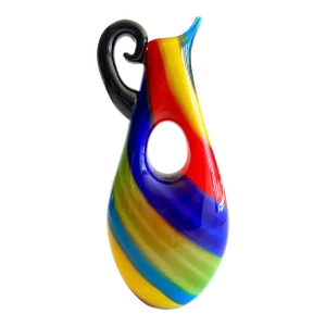 Vintage 1980's Postmodern Italian Murano Art Glass Fused Multicolor Stripe Sculptural Pitcher Vase