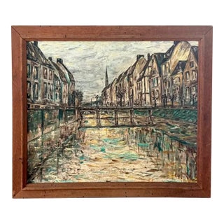 Mid Century Oil on Canvas Cityscape and River Painting - Signed and Dated For Sale