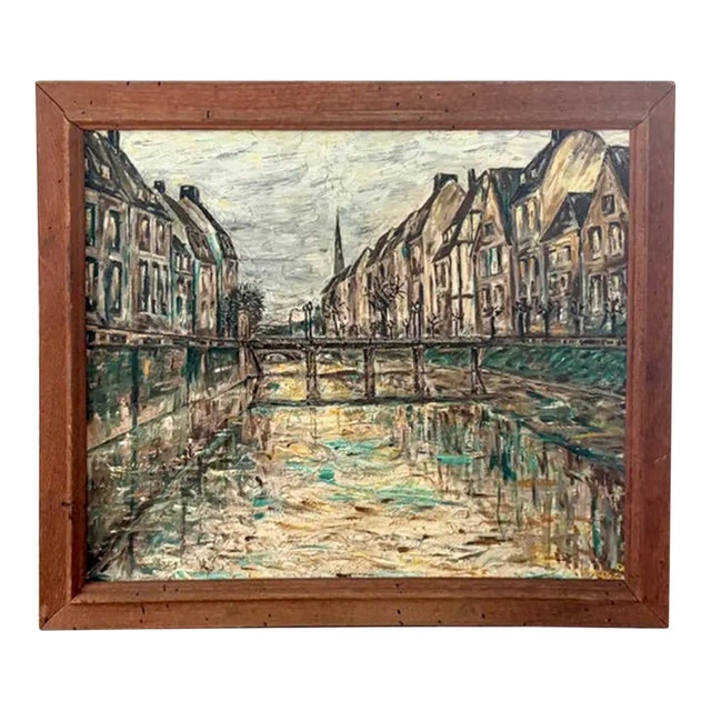 Mid Century Oil on Canvas Cityscape and River Painting - Signed and Dated For Sale