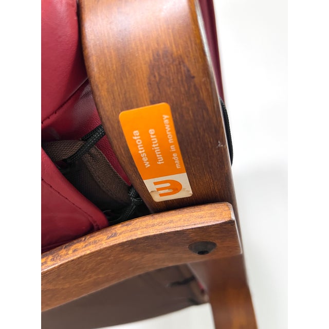 1970s Pair Red Leather/ Rosewood Framed “Siesta Arm Chairs” by Norwegian Designer Ingmar Relling for Westnofa For Sale - Image 12 of 12