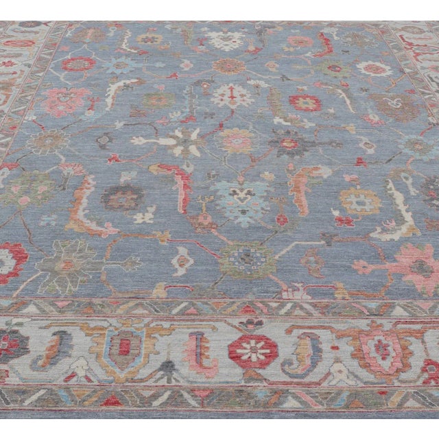 Traditional Large Modern Oushak Design With All-Over Multi Colored Floral Design in Wool For Sale - Image 3 of 13
