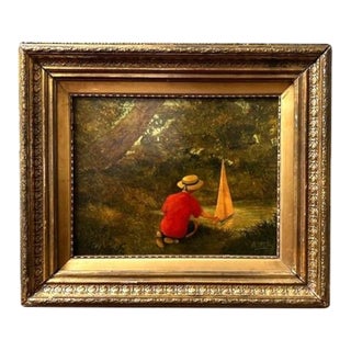 Antique Oil Painting, Boy With Sailboat, Signed For Sale