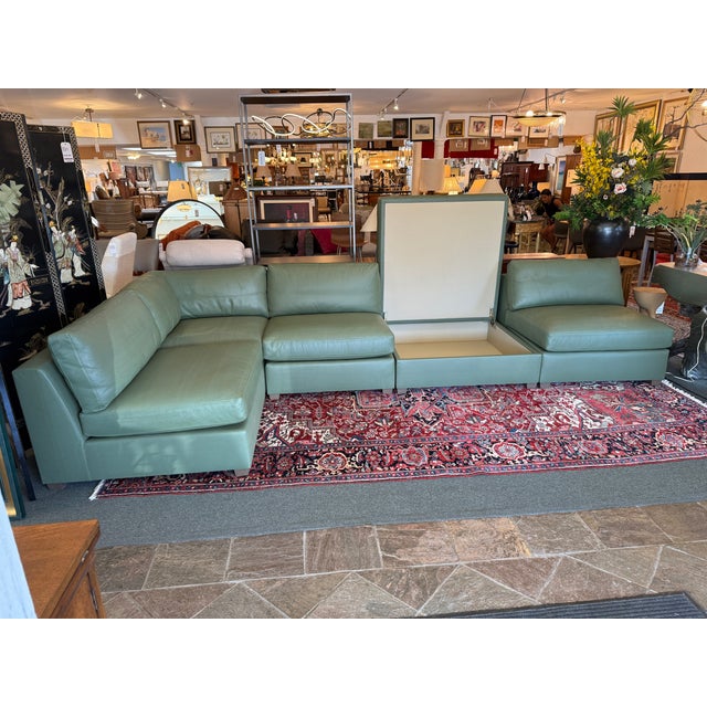Fitzgerald Modular Teal Leather Sofa With Storage Ottoman, Set For Sale - Image 16 of 17