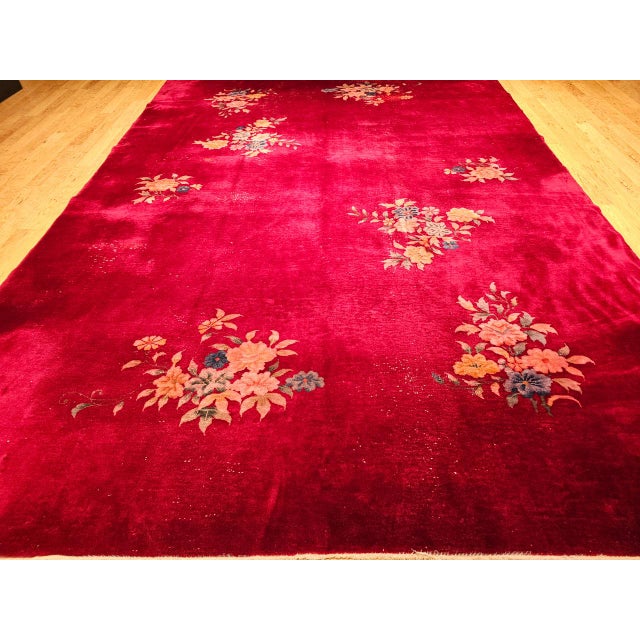 Antique Chinese Art Deco Rug, Hand-Knotted Wool, Crimson Floral Design, 10x14 For Sale - Image 15 of 18