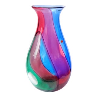 Seguso Murano Signed Vintage Sommerso Blue Red Green Carnevale Italian Art Glass Monumental Flower Vase For Sale