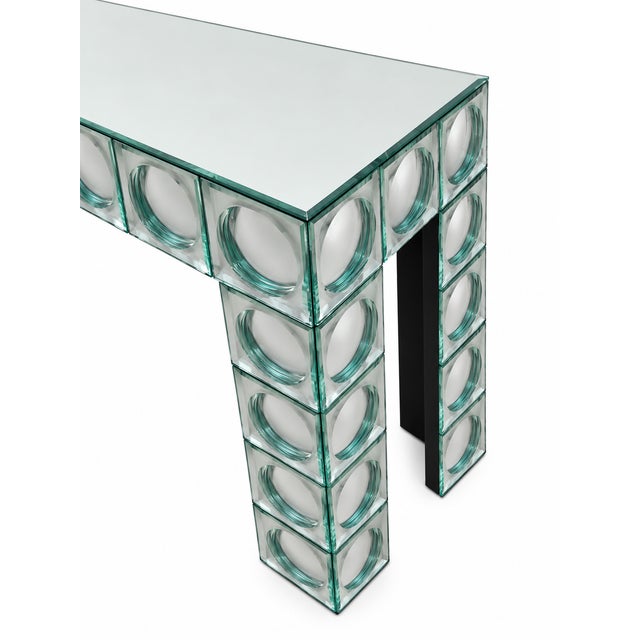 1980s Console Table with Mirrored Glass Tiles and Curved Silver Finish Entryway Table, 1980s For Sale - Image 5 of 10