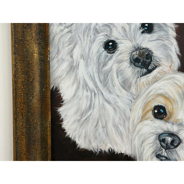 Original framed dog portrait painting by Ashley Beech Reid featuring three small companion dogs in a close-up composition....