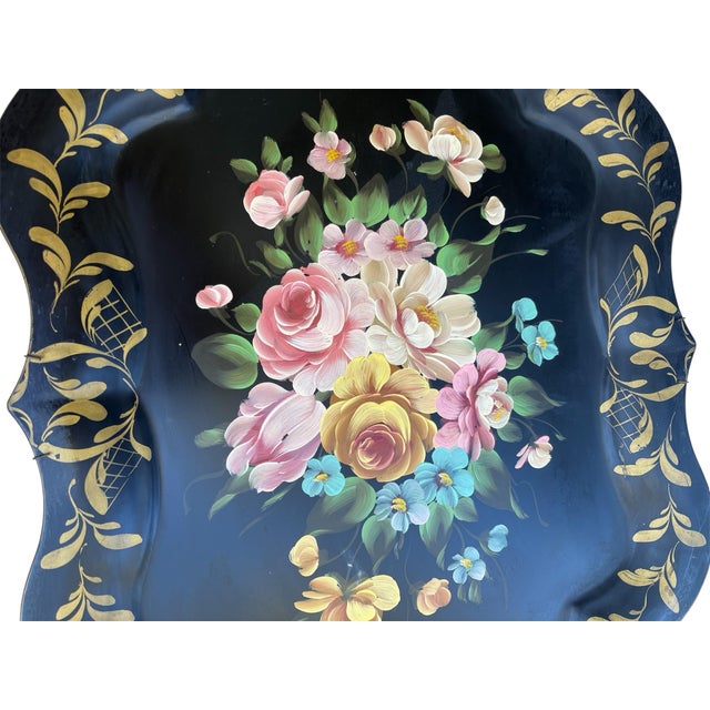 Shabby Chic Large Vintage Mid-Century Hand Painted Floral & Black Tea Tray For Sale - Image 3 of 4