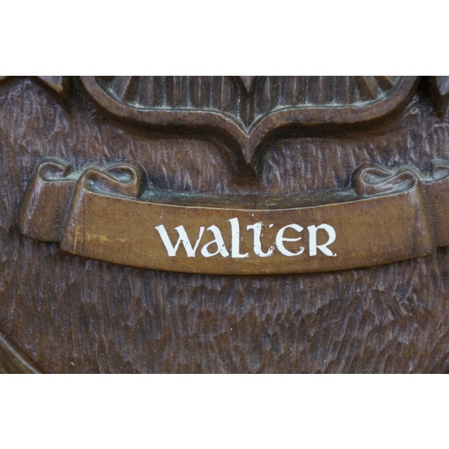 Vintage Black Forest Style Mahogany Carved Coat of Arms Wall Plaque Walter 16" For Sale - Image 9 of 9