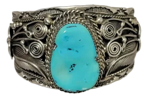 Vintage Navajo Sterling Silver Cuff Bracelet With Large Turquoise Signed
