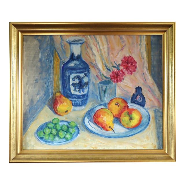 Mid-Century Modern 'Fruit & Vase on a Table' Original Swedish Vibrant Still Life Oil Painting, Framed For Sale