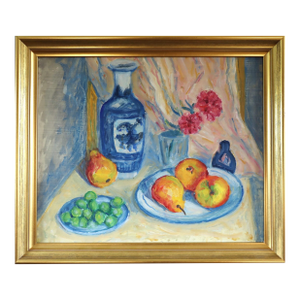 Mid-Century Modern 'Fruit & Vase on a Table' Original Swedish Vibrant Still Life Oil Painting, Framed
