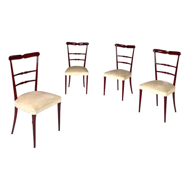 Italian Modern Red Lacquered Wooden Chairs with Ivory White Fabric, 1970s, Set of 4 For Sale