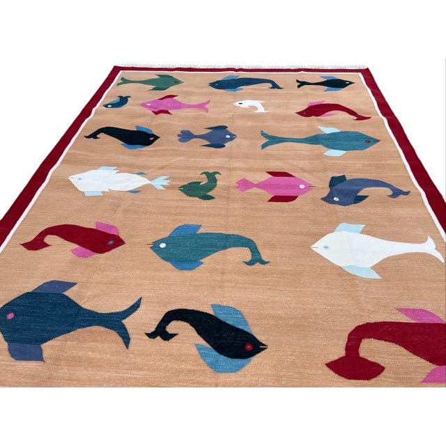 Tan Not Yet Made - Made To Order Handmade Cotton Natural Vegetable Dyed Rug Tan and Red Fish Pattern Dhurrie - 9'x12' For Sale - Image 8 of 11