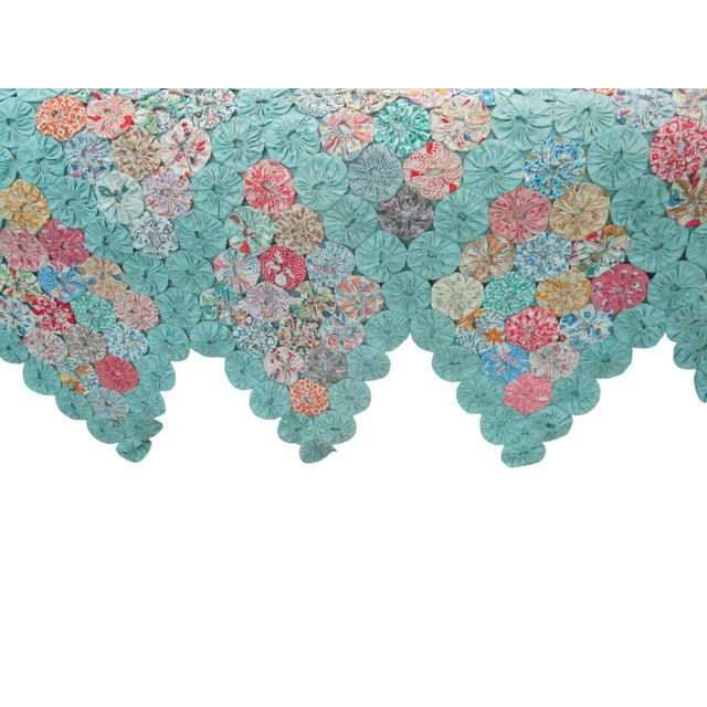 Jadeite Feedsack Yo Yo Quilt Trellis Pattern Floral Diamond Edges Queen Handmade 1930's For Sale - Image 4 of 17