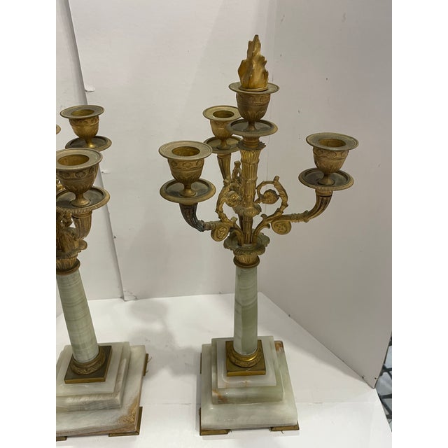 Neoclassical 19c Pair French Neoclassical Dore Bronze & Marble Candelabras For Sale - Image 3 of 12