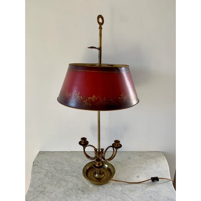 Brass Mid-20th Century Brass Three-Arm Horn Bouillotte Lamp With Red Tole Shade For Sale - Image 8 of 11