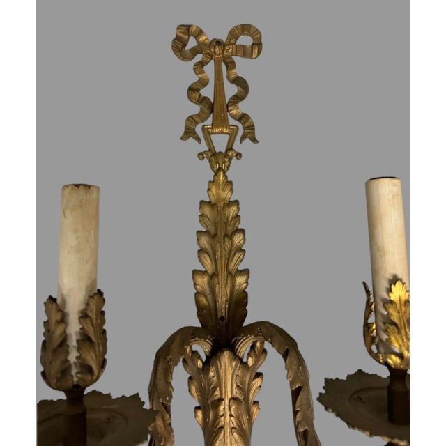 Mid 20th Century Pair of Vintage Two Light Gilt Metal Candelabra Wall Sconces Lamps For Sale - Image 5 of 9