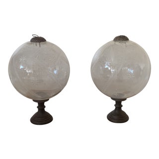 1990s Boho Chic Glass Orbs- Ornaments on a Stands - a Pair For Sale