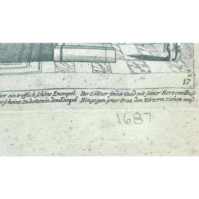 This beautifully detailed 17th century engraving depicts a dramatic biblical gathering scene set among monumental...