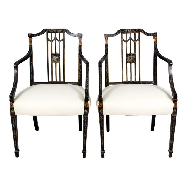 Antique Pair of George III Painted Open Armchairs For Sale