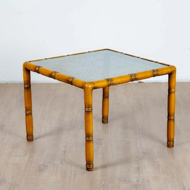 1970s Bamboo Wooden Auxiliary Table in Cannage and Square Glass, 1970s For Sale - Image 5 of 7