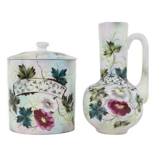 Vintage Victorian Hand-Painted Floral Canister & Pitcher Set For Sale