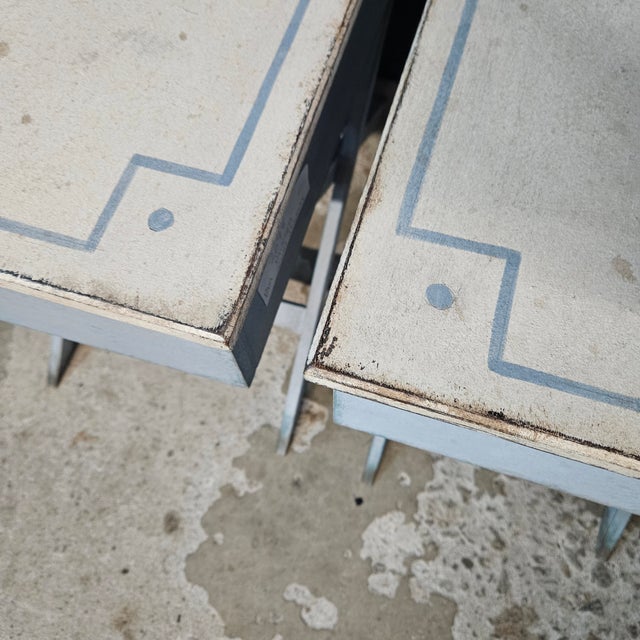 Blue Mid 20th Century Pair of Blue Painted Single Drawer X Frame Side Tables With Blue Accent Line on Top For Sale - Image 8 of 15