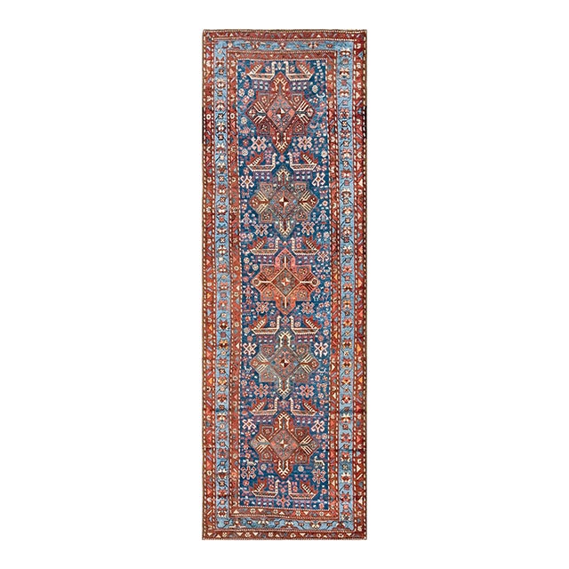 1930s Blue Geometric Caucasian Akstafa Runner Runner Rug 3'7" X 11'3" Wool Handknotted Carpet For Sale