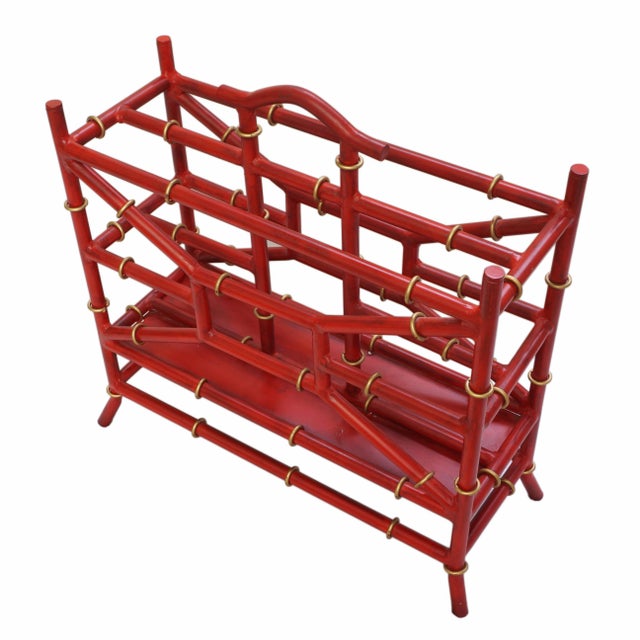 Hollywood Regency Vintage Red Faux Bamboo Magazine Rack Holder Painted Metal Two Compartment Hollywood Regency Palm Beach Style Gilt Accents For Sale - Image 3 of 4