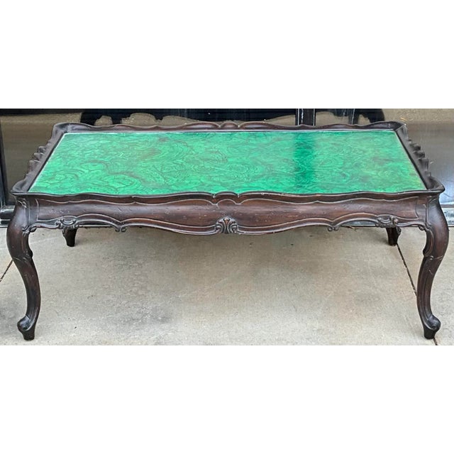 Wood 1960s Hollywood Regency Italian Rococo Style Faux Malachite Coffee Table For Sale - Image 7 of 7