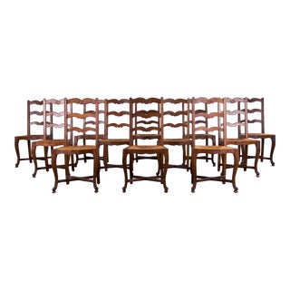 Antique Country French Louis XV Style Provincial Oak Dining Chairs W/ Rush Seats - Set of 12 For Sale